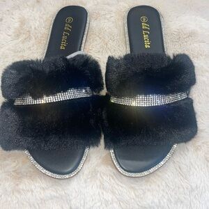 Black Faux Fur Rhinestone Sandals